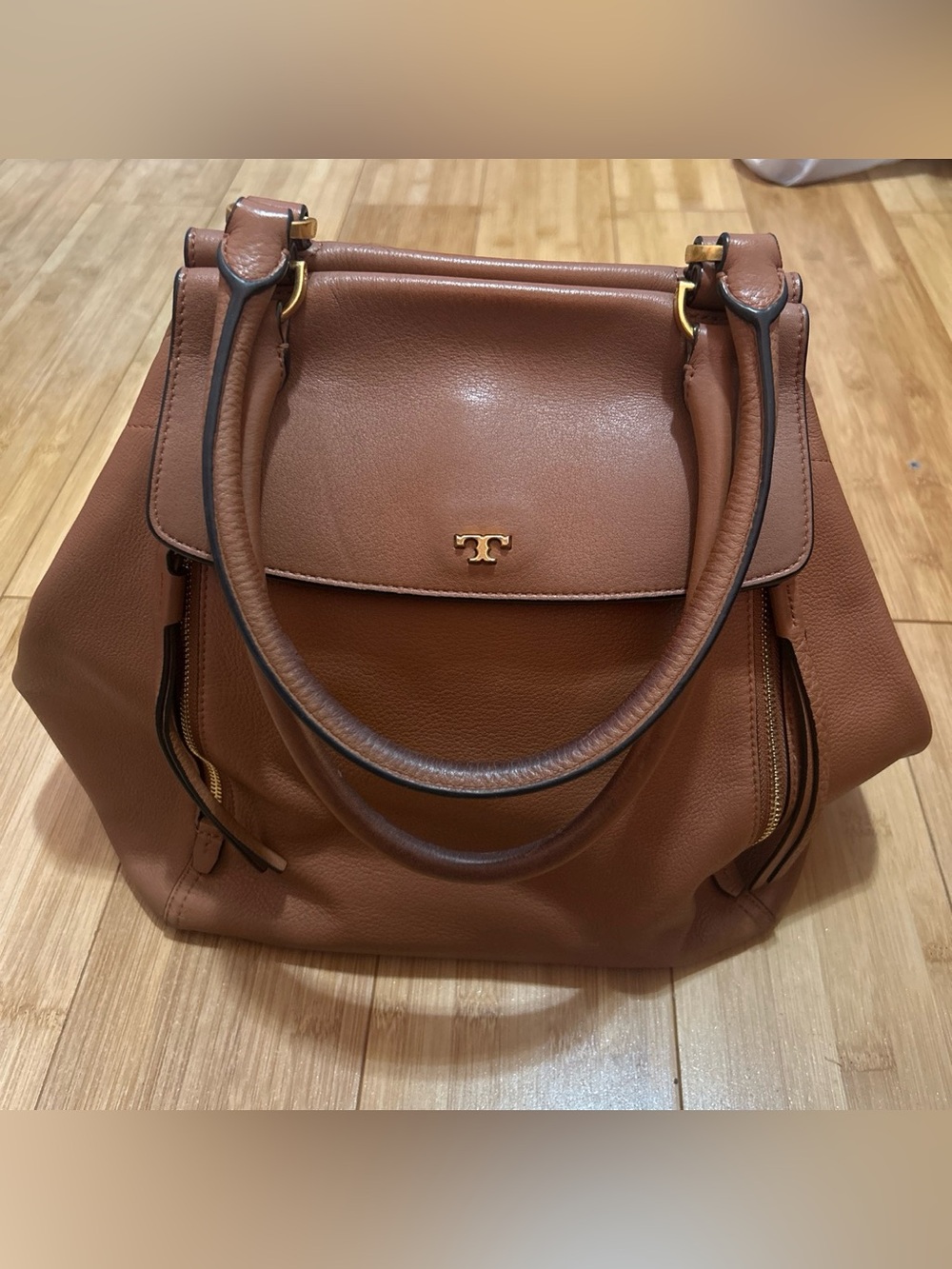 Tory Burch half moon Cognac Leather Double-Handle Shoulder Bag